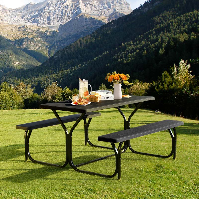 Outdoor Picnic Table Bench Set, All-Weather Dining Table Set, Metal Base Wood-Like Texture, Large Camping Table for Lawn Garden Backyard