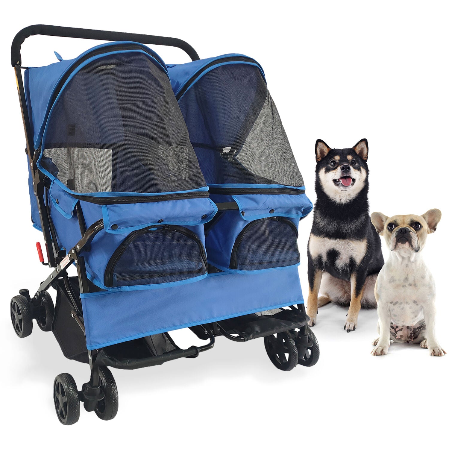 Critter Sitters Double Pet Stroller with Storage | Carriage Carrier for Animals up to 44 lbs | 4-Wheel | For Cats， Small/Medium Dogs， Rabbits and Guinea Pigs | Blue