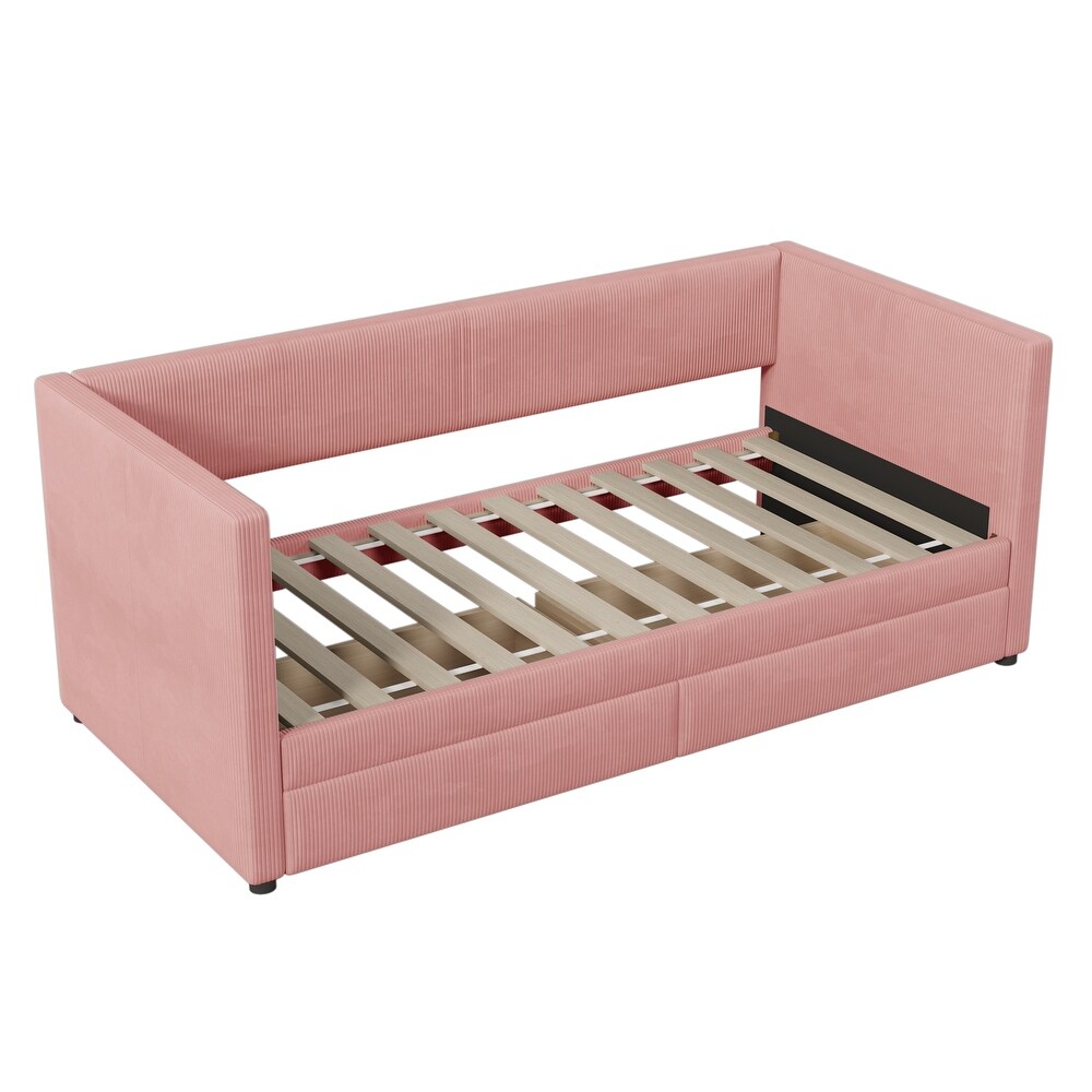 Pink Corduroy tufted Daybed Twin Frame w/ 2 Drawers No Box Spring Needed Wood Slat Support Bed Frame Noble Storage Bed Design