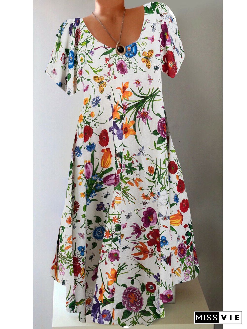 Women's V-Neck Short Sleeve Flower Printed Dress