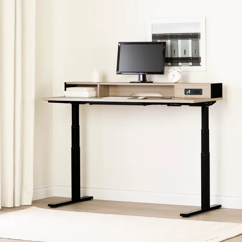 Majyta Light Brown and Black Adjustable Height Standing Desk with Built In Power Bar - South Shore