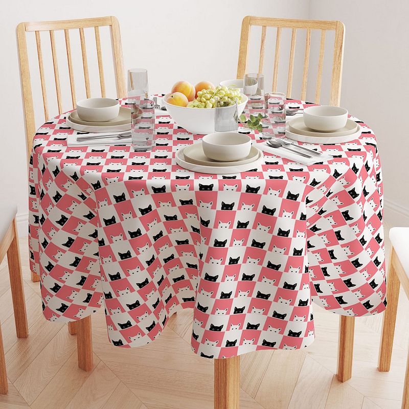 Round Tablecloth， 100% Cotton， 60 Round， Cat Chess Board