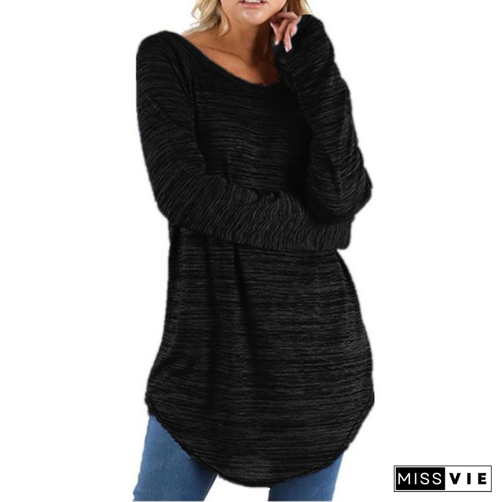 New Women Fashion Plus Size Solid Color Loose Shirt Irregular Slim Long Sleeve T-Shirt