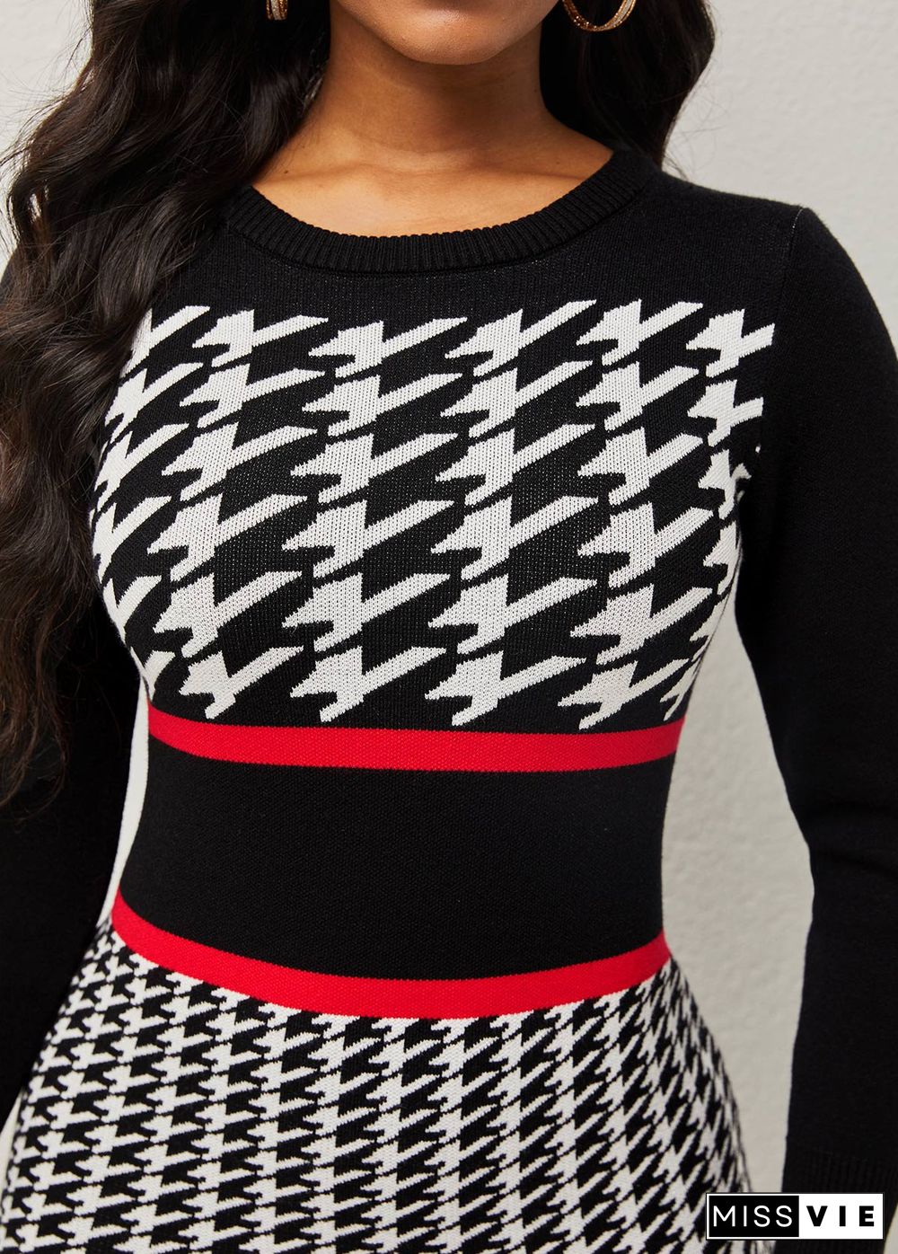 Round Neck Houndstooth Print Long Sleeve Sweater Dress