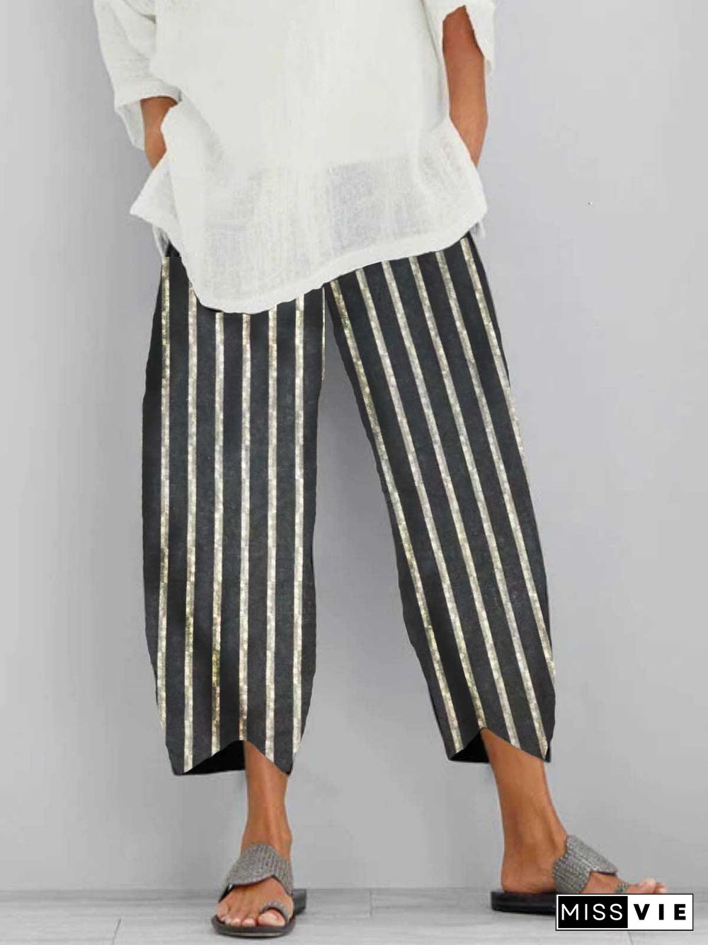 Linen Casual Pockets Stripes Pants