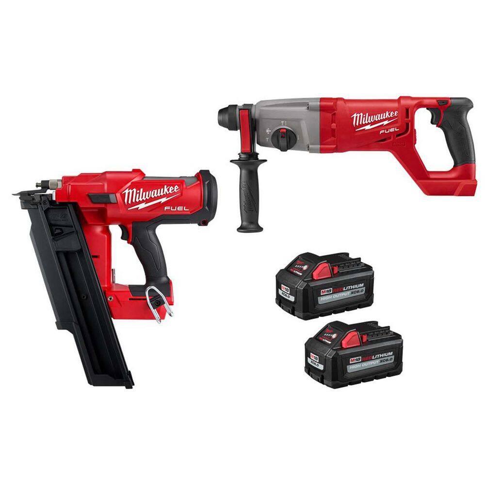 MW M18 FUEL 3-12 in. 18-Volt 21-Degree Lithium-Ion Brushless Cordless Nailer w1 in. Rotary Hammer Two 6Ah HO Batteries 2744-20-2713-20-48-11-1862