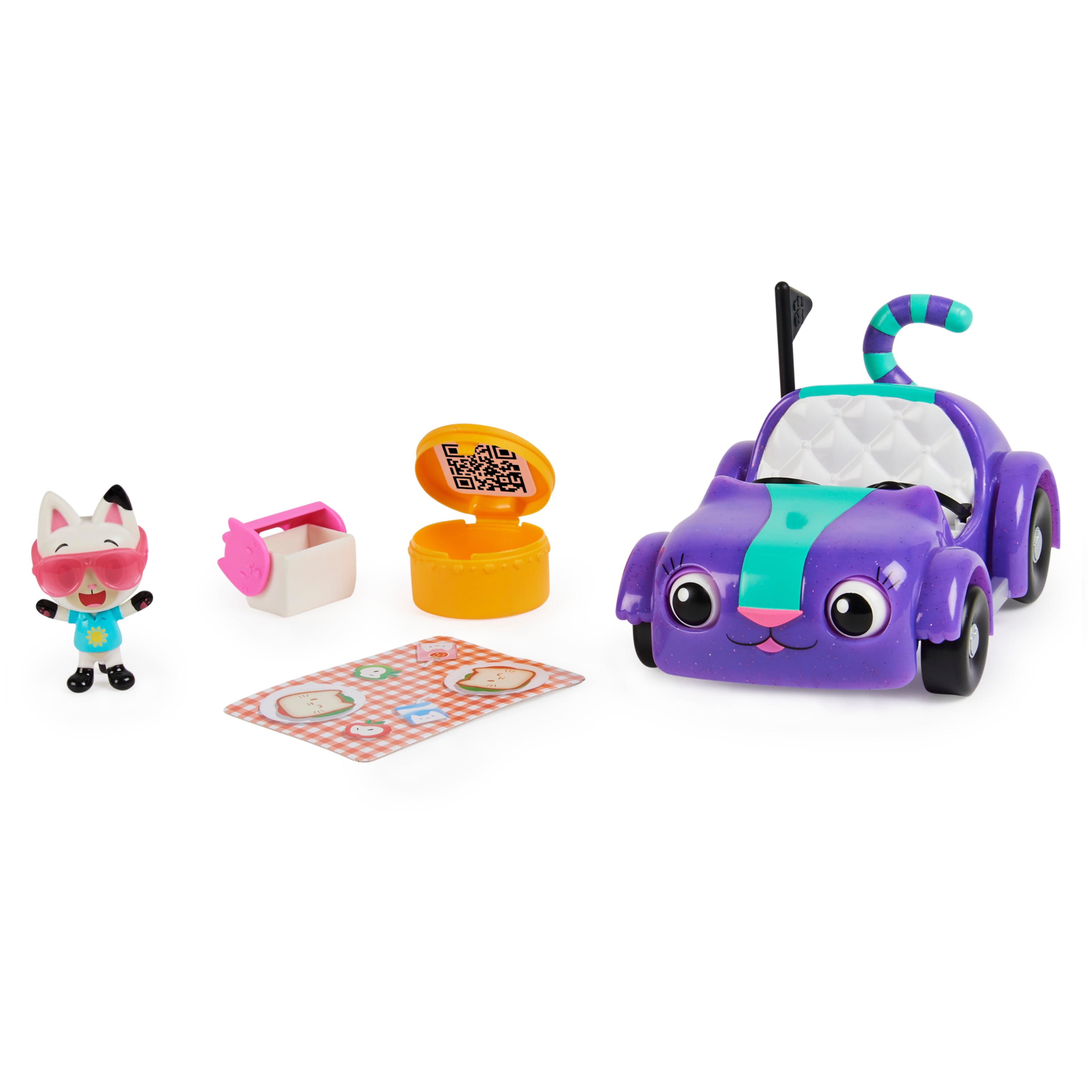 Gabby’s Dollhouse， Carlita Toy Car with Pandy Paws Collectible Figure and 2 Accessories， Kids Toys for Ages 3 and up