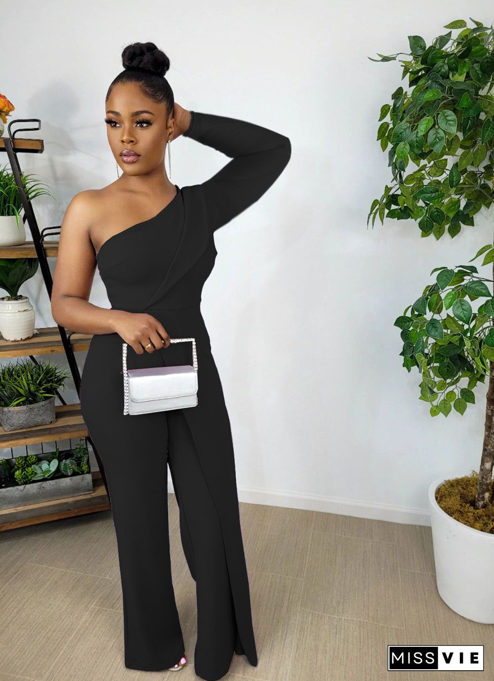 Elegant One Shoulder Long Sleeve Straight Jumpsuit