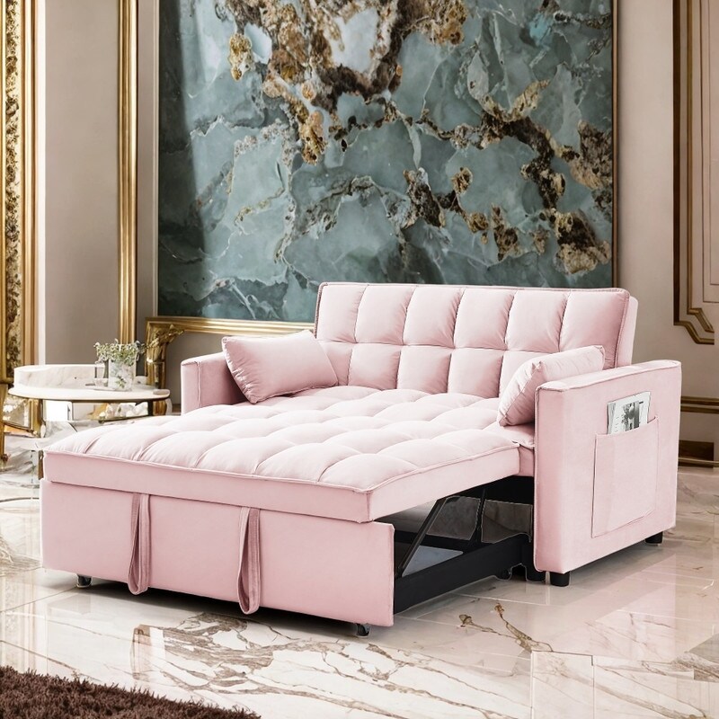 3 in 1 Convertible Sleeper Sofa with Pullout Bed  Pink