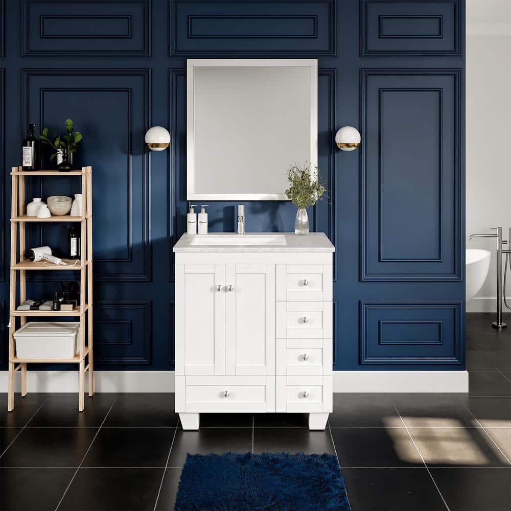 Eviva Happy 30 in W x 18 in D x 34 in H Bathroom Vanity in White with White Carrara Marble Top with White Sink