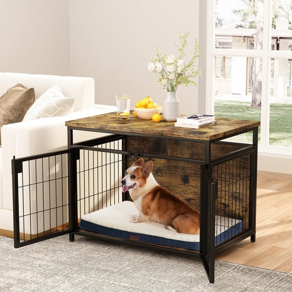 Grondin Rustic Industrial Style Wooden Dog Crate Dog Kennel with Three Lockable Doors， Indoor Pet Furniture Dog House End Table