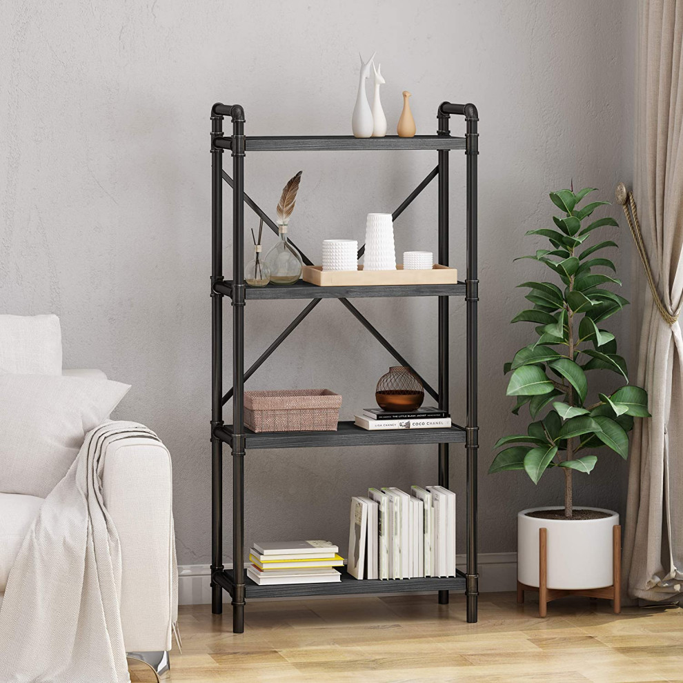 Tall Bookcase  Metal Support Back With Open Firwood Shelves  Grey/Pewter Finish   Industrial   Bookcases   by Declusia  Houzz