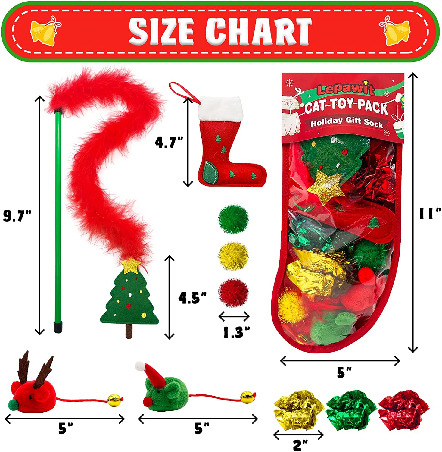 Lepawit Cat Christmas Stocking， 10 Pack Christmas Cat Toys， for Cats， Interactive Cat Feather Toy with Catnip， Cat Ball Toys， Crinkle Balls for Cat， Mice Toys for Indoor Cats and Kitten