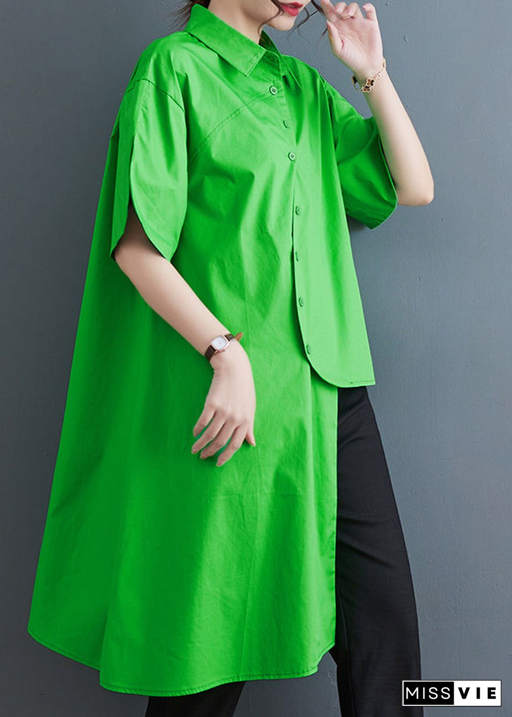 Unique Green Asymmetrical Low High Design Cotton Shirt Tops Summer