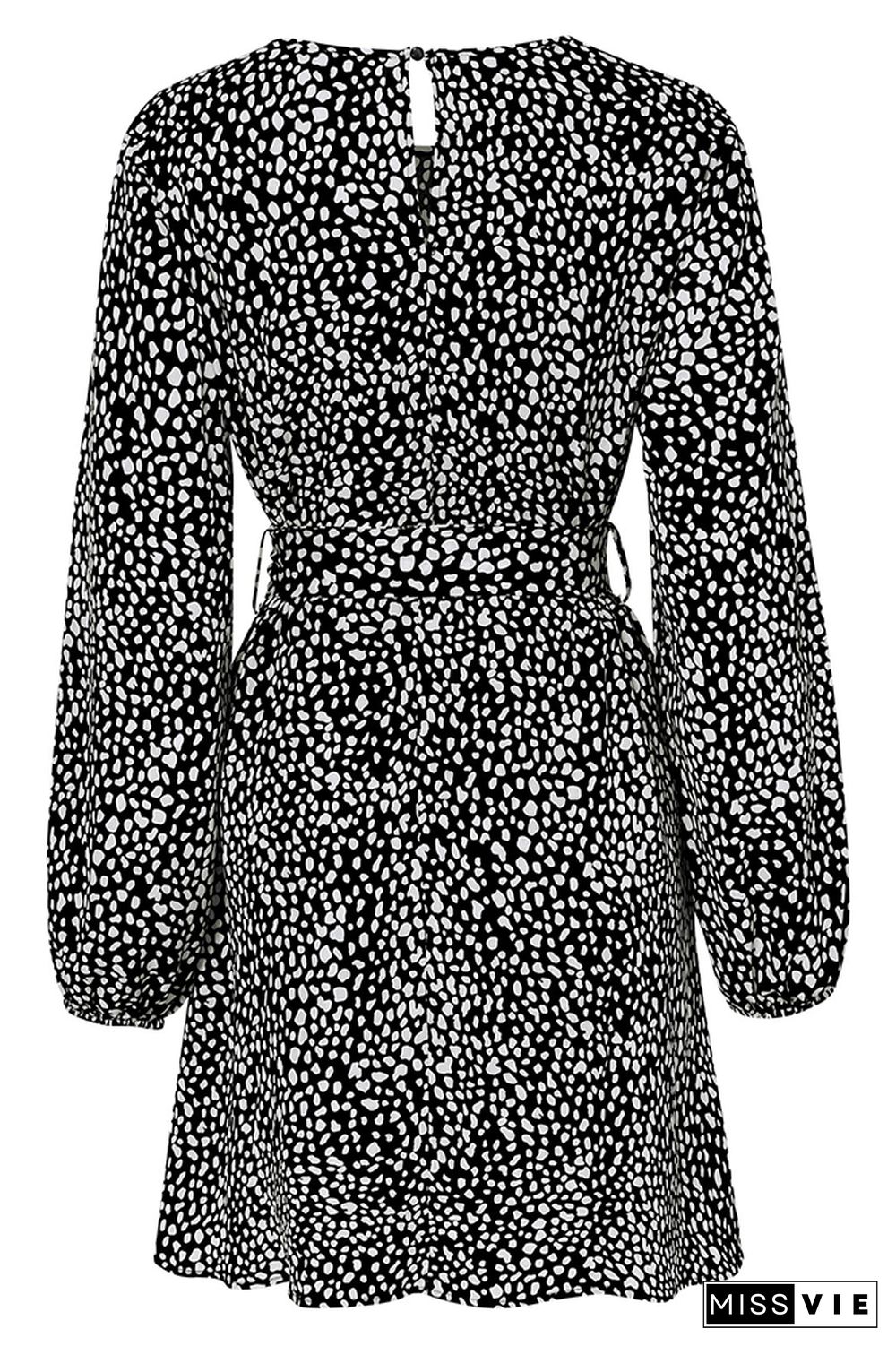 Leopard Print Waist Belt Long Sleeves Mini Dress