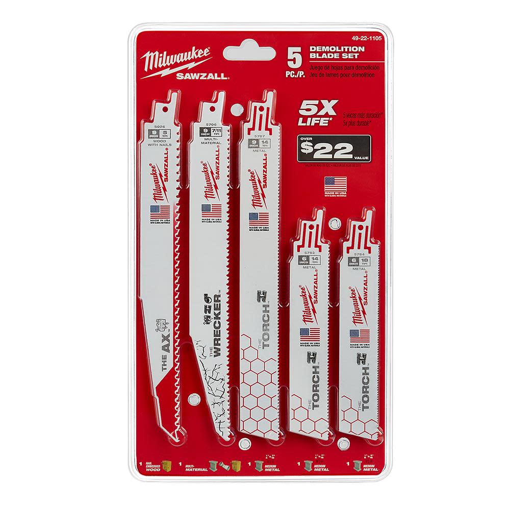 Milwaukee 5-Piece Demolition SAWZALL Blade Set 49-22-1105 from Milwaukee