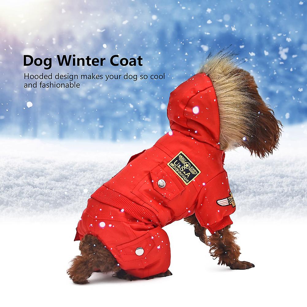 Fashionable Hooded Pet Jumpsuit Warm Waterproof Dogs Puppies Clothes Winter Coat Red M