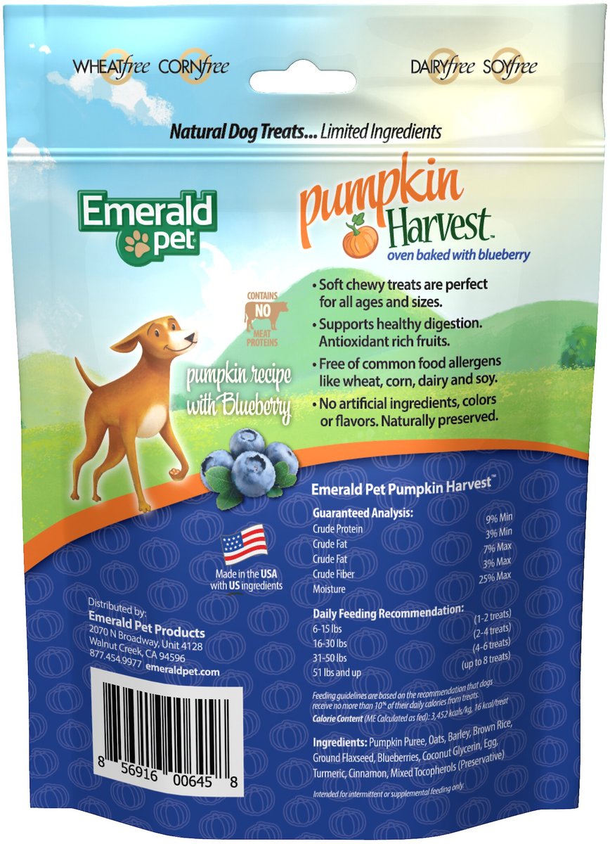 Emerald Pet Pumpkin Harvest Oven Baked Pumpkin Recipe With Blueberry Chewy Dog Treats， 6-oz bag