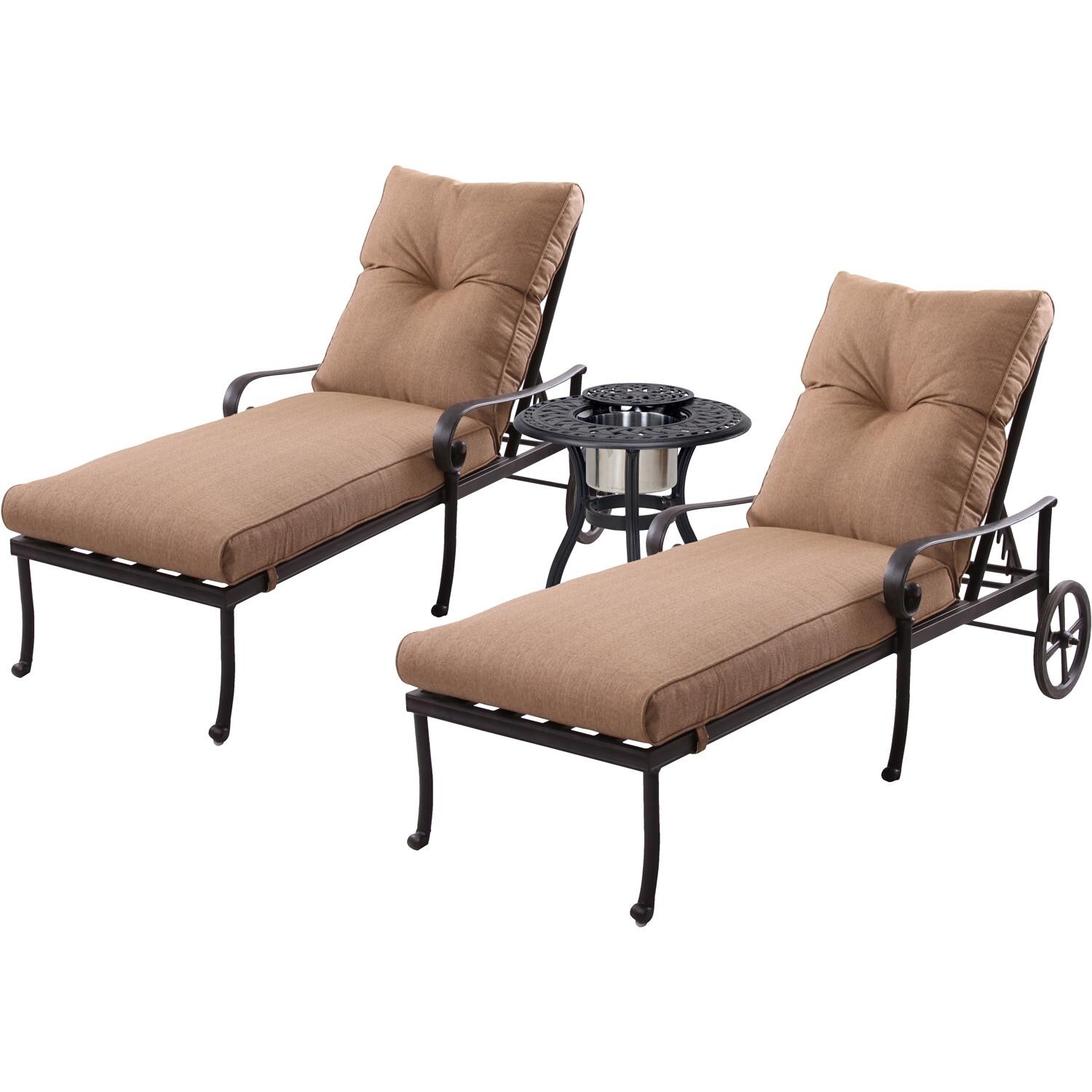 Darlee Santa Anita 3 Piece Cast Aluminum Patio Chaise Lounge Set W/ 24 Inch Round Ice Bucket End Table and Sesame Cushions