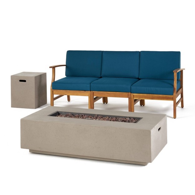 Perla 5pc Acacia Wood Sofa With Rectangular Fire Table Teak blue light Gray Christopher Knight Home