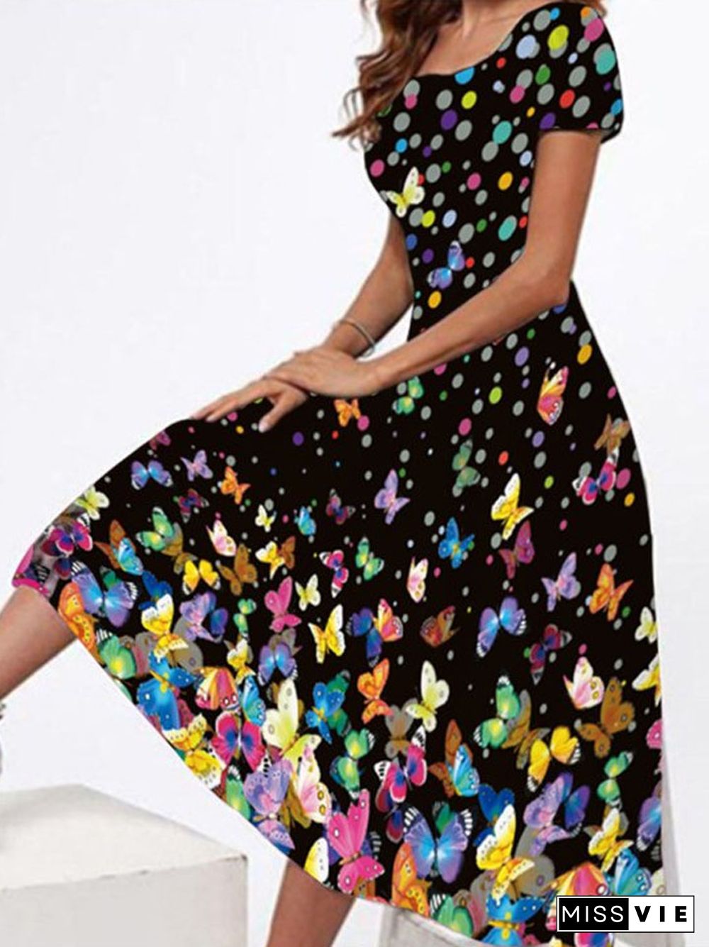 Square Neck Short Sleeved Long Skirt Printed Large Swing Dress Black Dresses