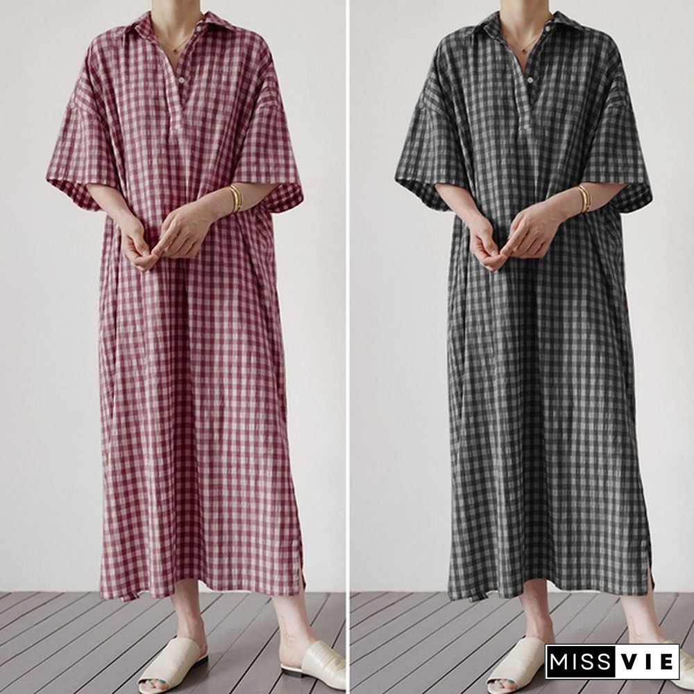 Women Half Sleeve Collared Kaftan Casual Grid Printed Button Down Plus Size Long Maxi Shirt Dress