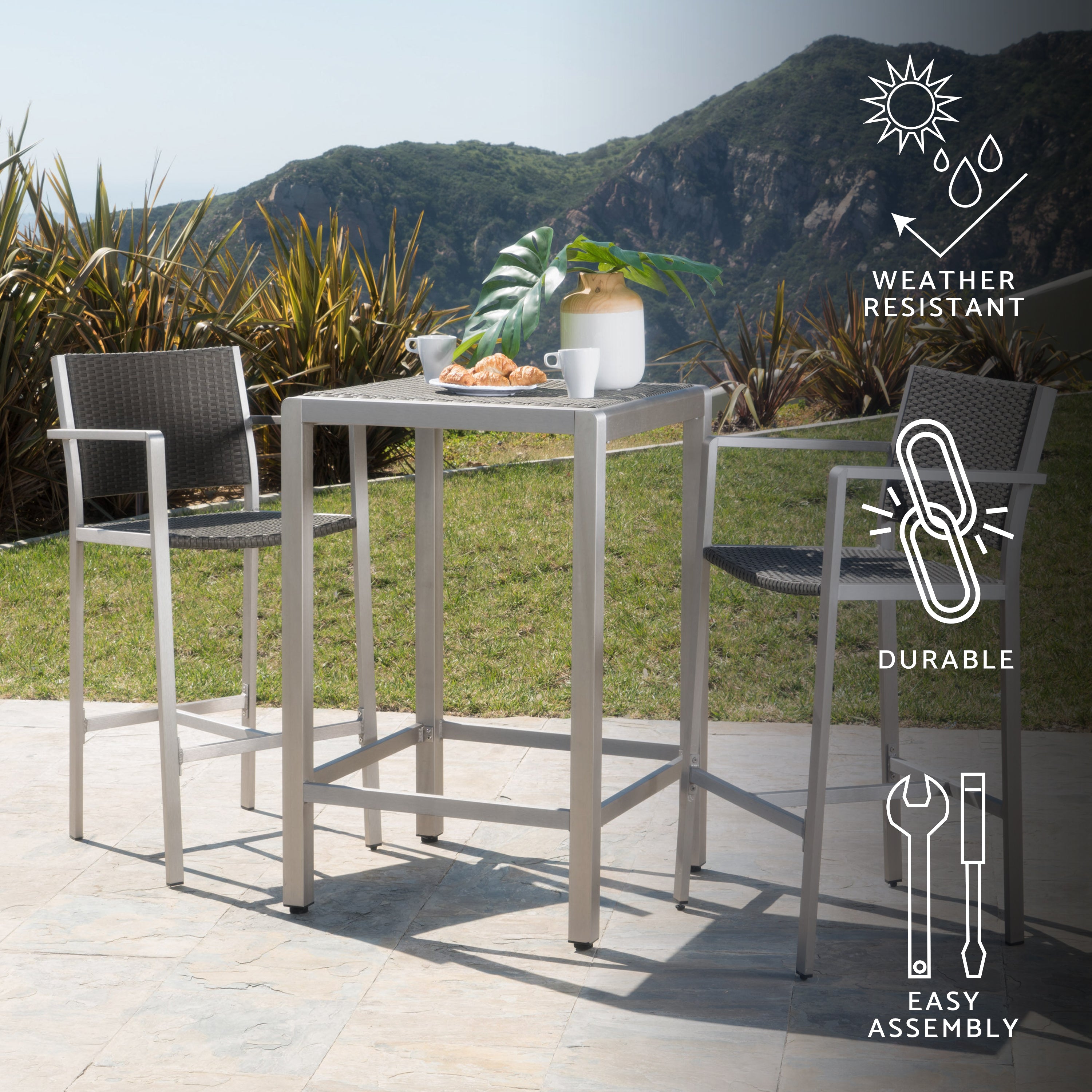 Capral Outdoor Modern 3-Piece Gray Wicker Bar Set with Aluminum Frame