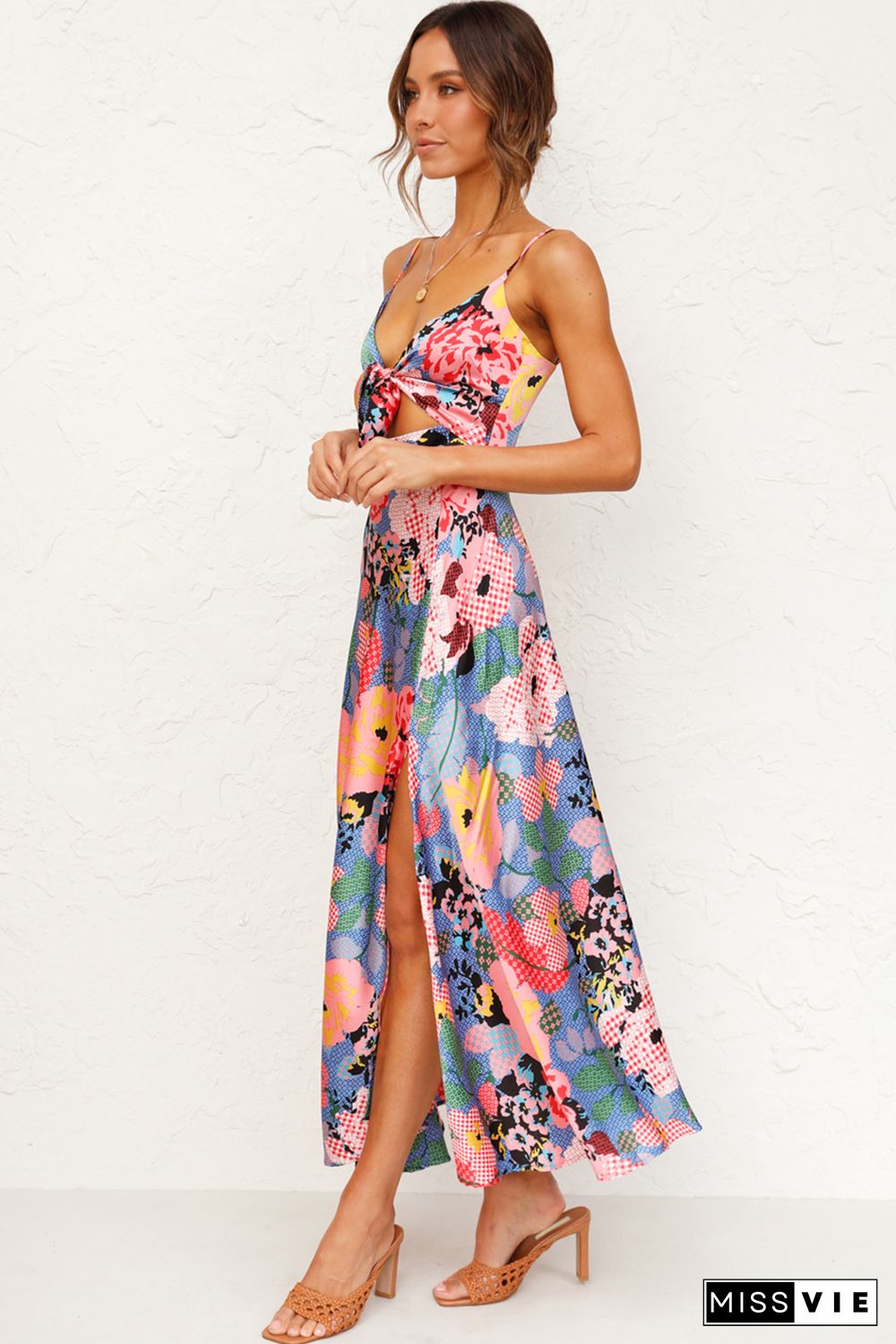 Multicolor Floral Print Bust Knot Long Dress with Slit