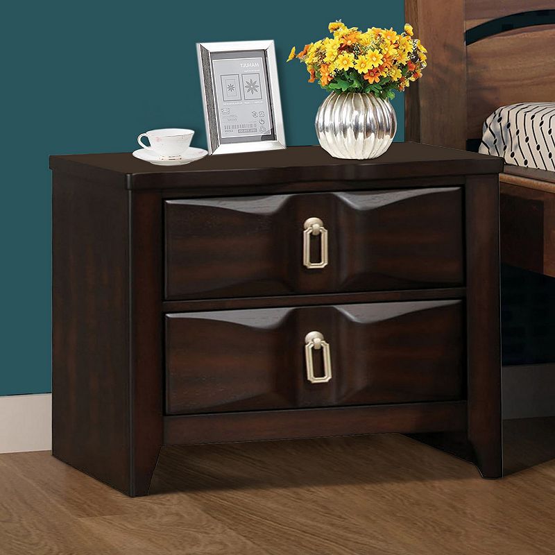 Transitional Style Wood Nightstand with 2 Drawers， Espresso Brown