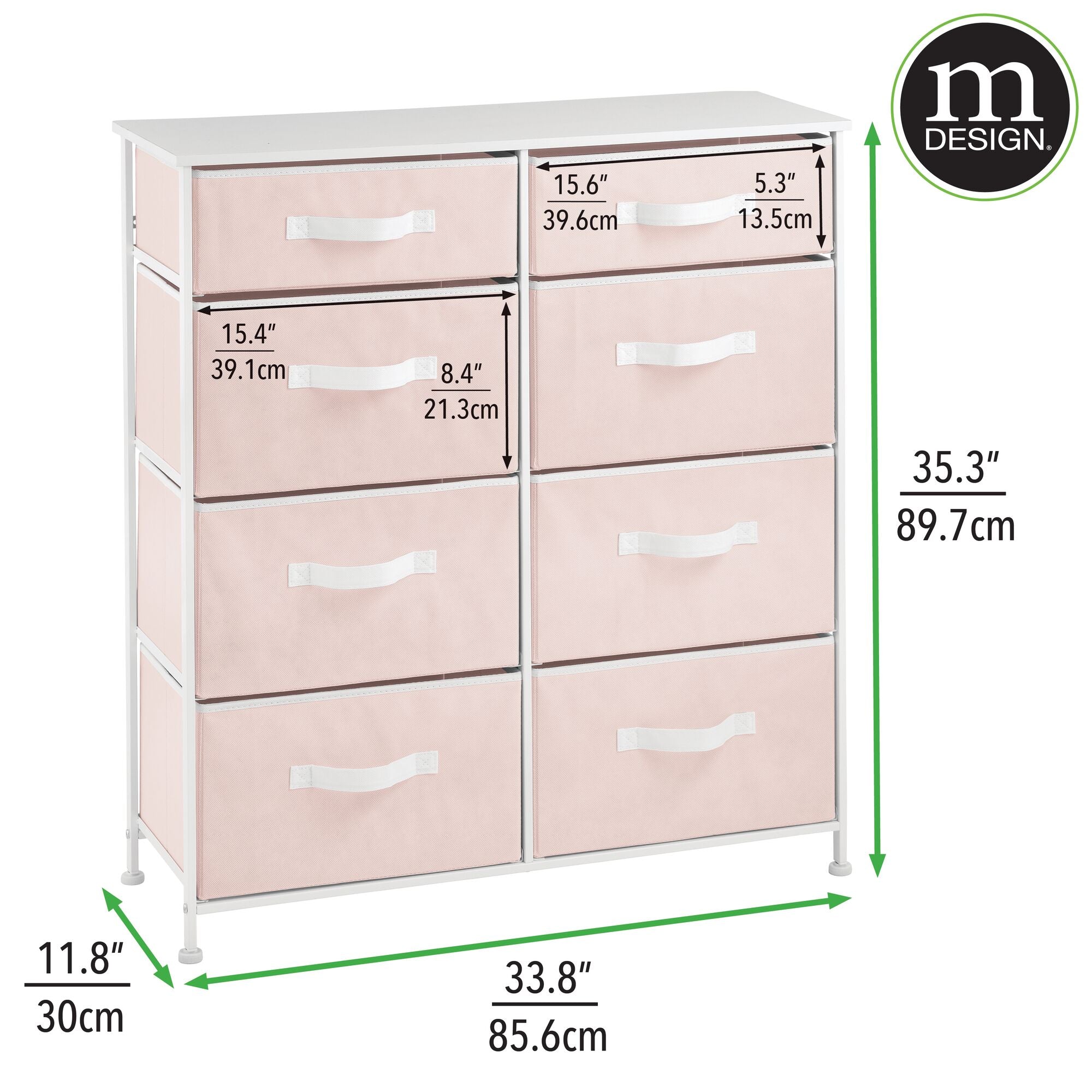 mDesign Tall Steel Frame/Wood Top Storage Dresser Furniture with 8 Slim Fabric Drawers, Large Bureau Organizer for Baby, Kid, Teen Bedroom, Nursery, Playroom, Dorm - Jane Collection, Pink/White