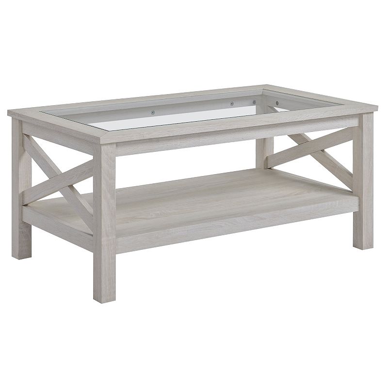 HOMCOM Traditional Coffee Table w/Wood Frame， Tempered Glass Tabletop， White Oak