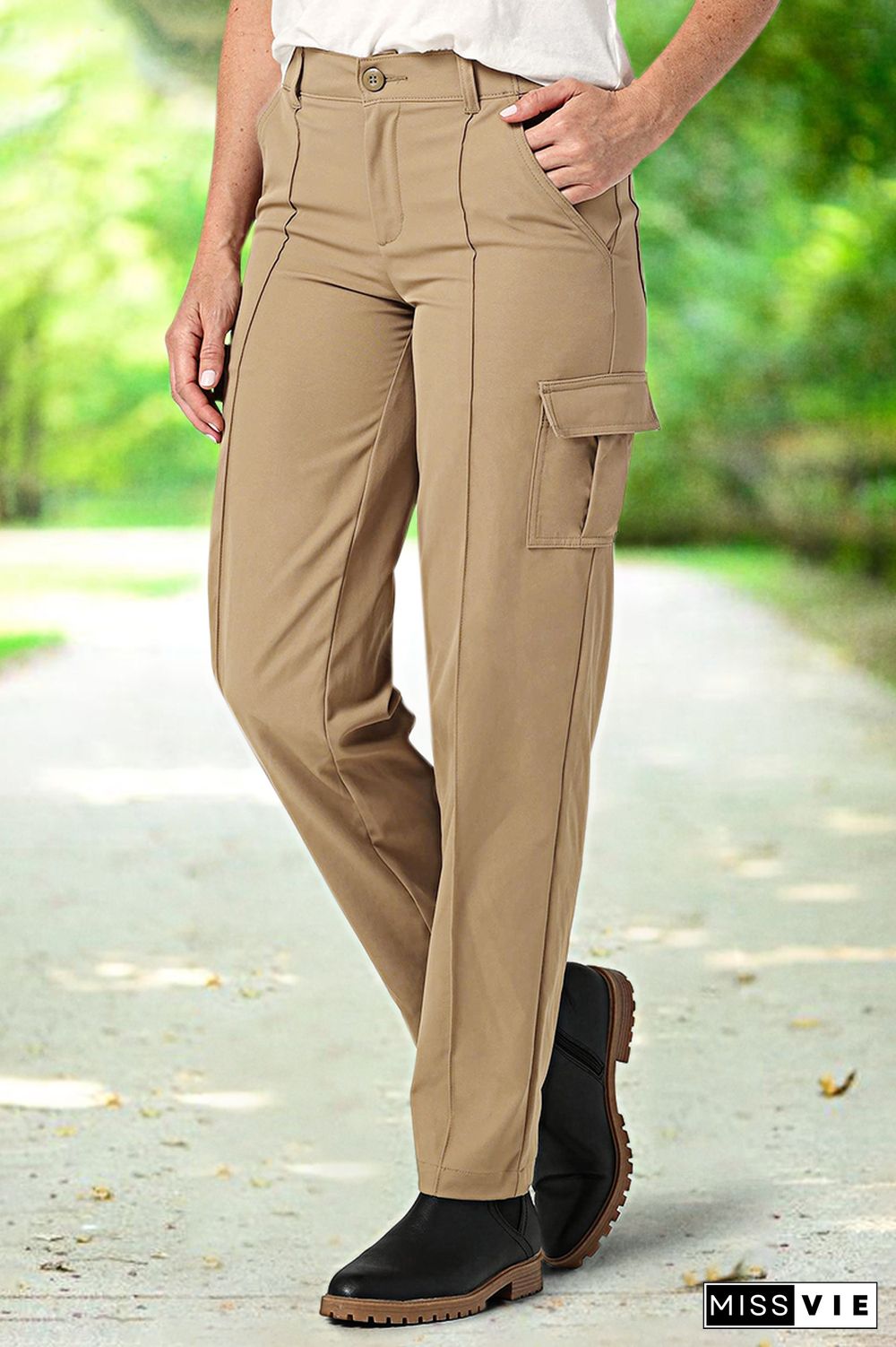 Solid Seam Front Multi Pocket Low Rise Cargo Pants