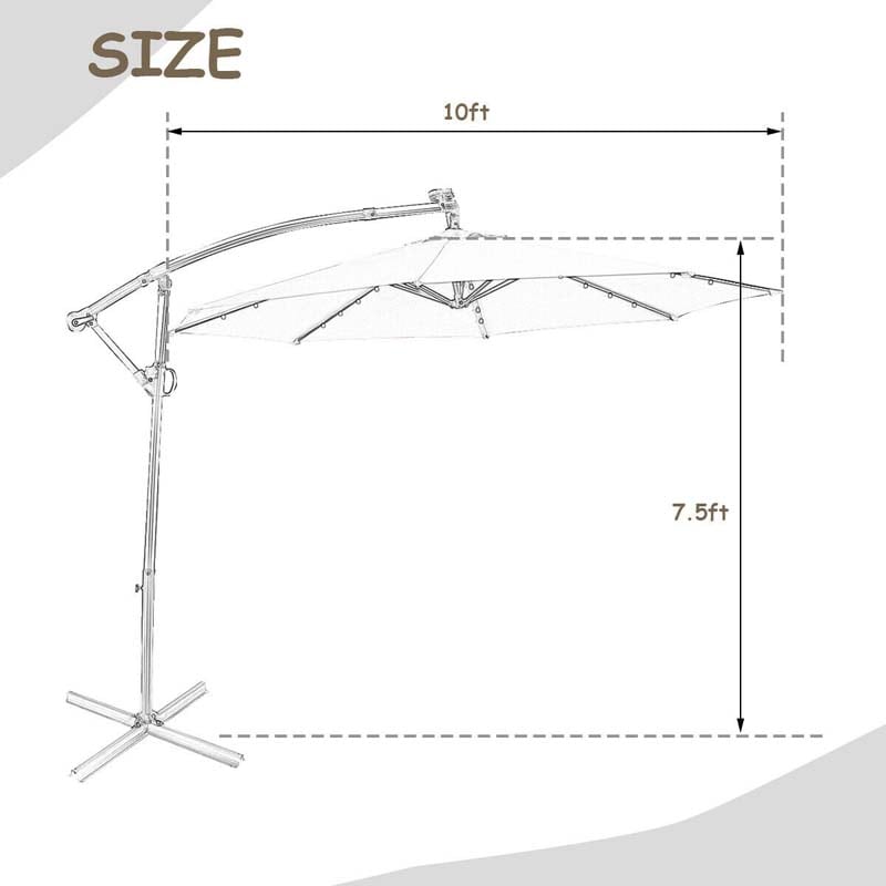 10 FT Patio Offset Umbrella with Solar Lights 360° Rotation Outdoor Market Umbrella with Crank Handle & Cross Base