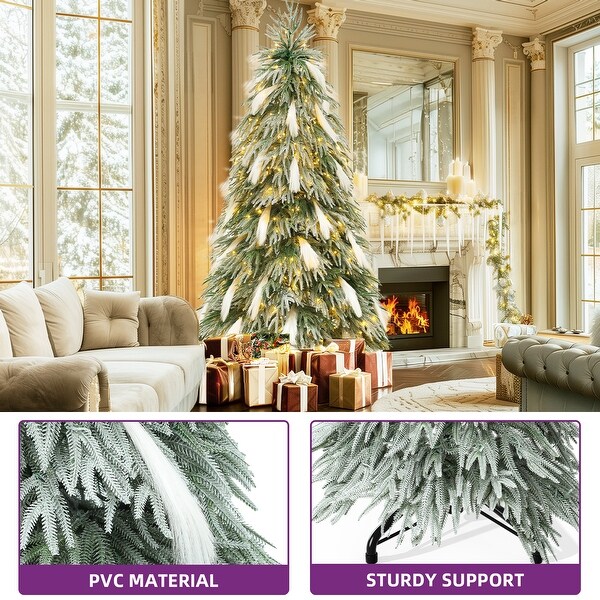 6ft PreLit SnowFlocked Pampas Christmas Tree with 355 Branch Tips，30 Feathers，and 400 Lights for Home