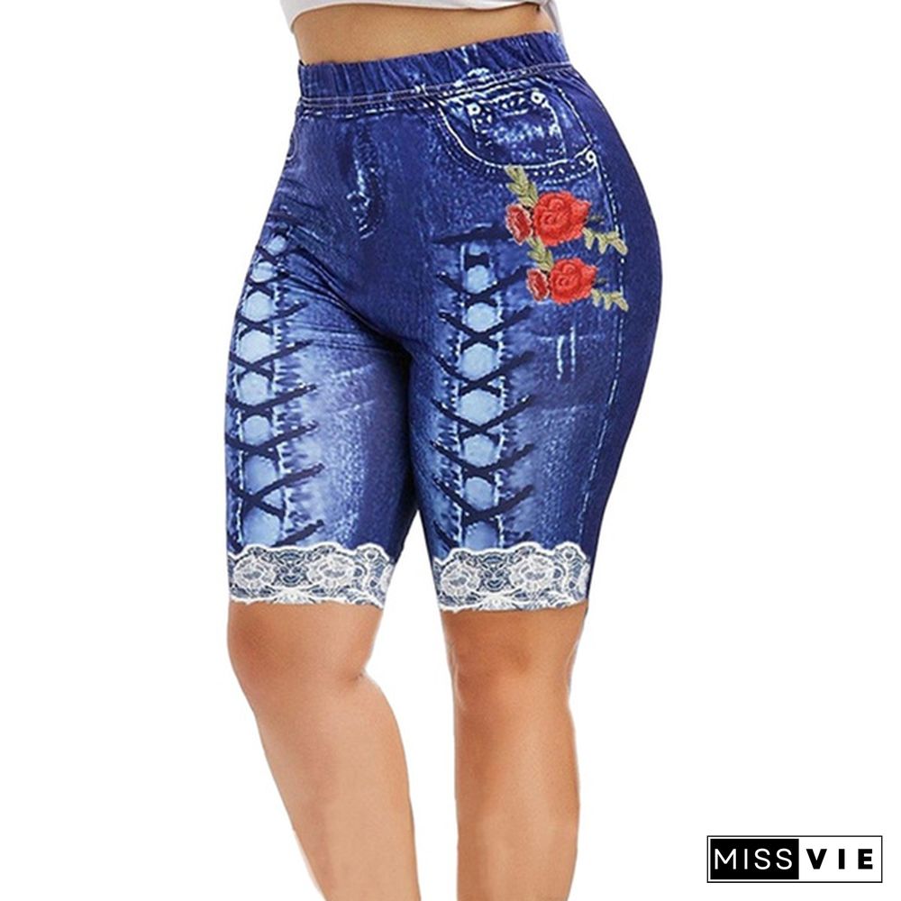 Women Lace Up Floal Print Faux Faux Denim Shorts Casaul Slim Fit Capri Shorts Leggings