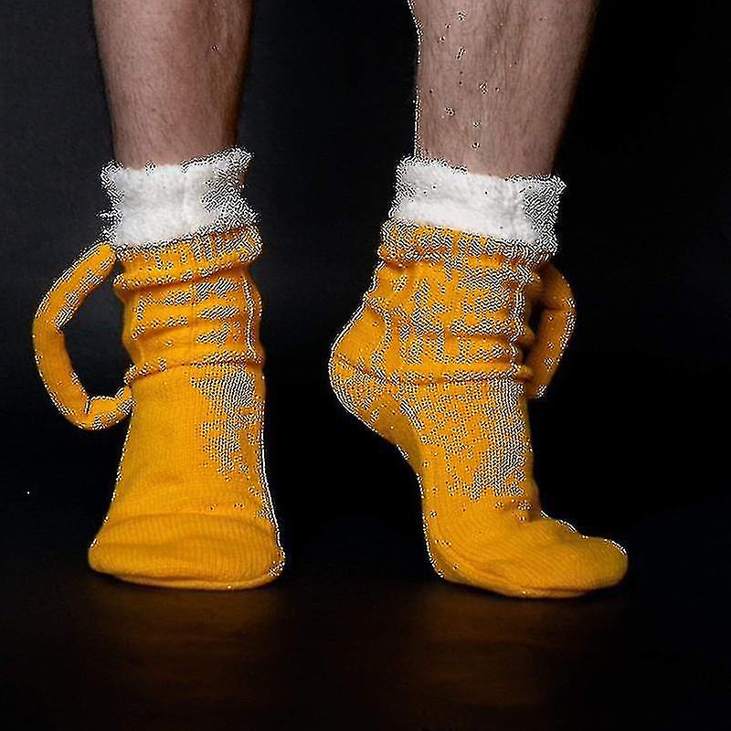 3d Beer Mug Socks Cute Unisex Funny Novelty Yellow Knit Socks Winter Warm Thick Floor Sock For Men