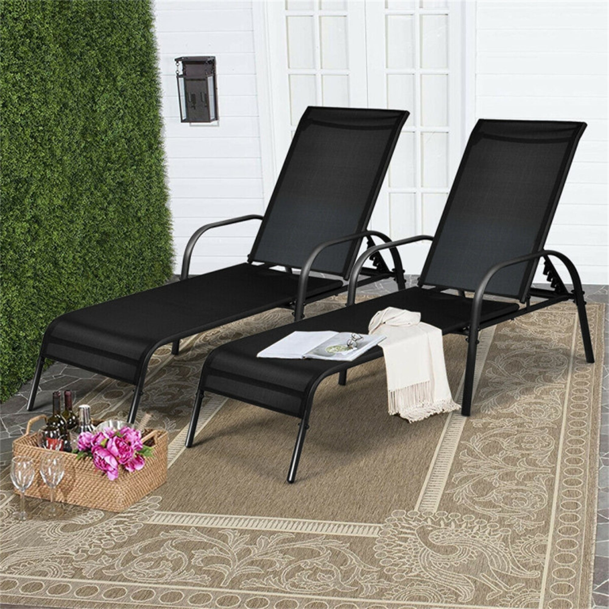 2PCS Outdoor Adjustable Reclining Armrest Chaise Fabric Lounge Chair