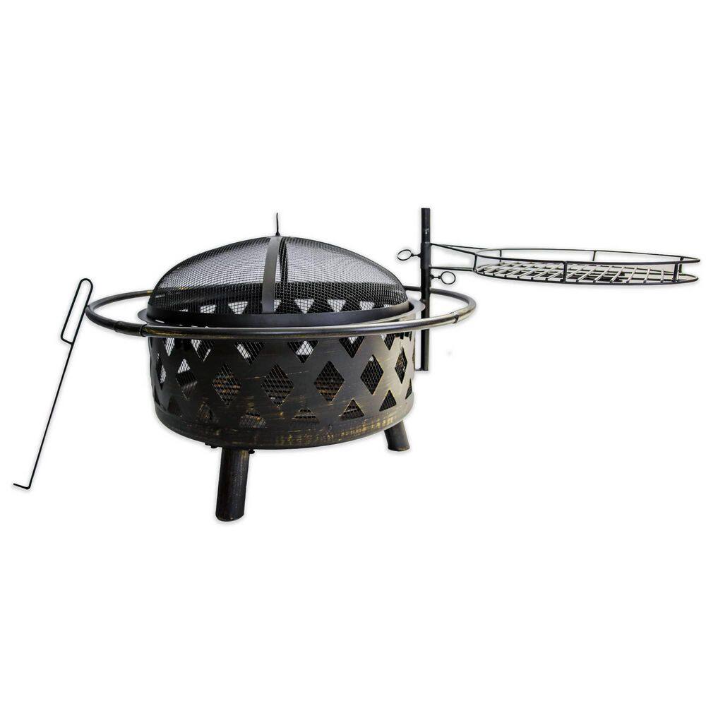 BLUEGRASS LIVING 30 in. Roadhouse Steel Deep Bowl Fire Pit with Swivel Height Adjustable Cooking Grid BFPW30RH