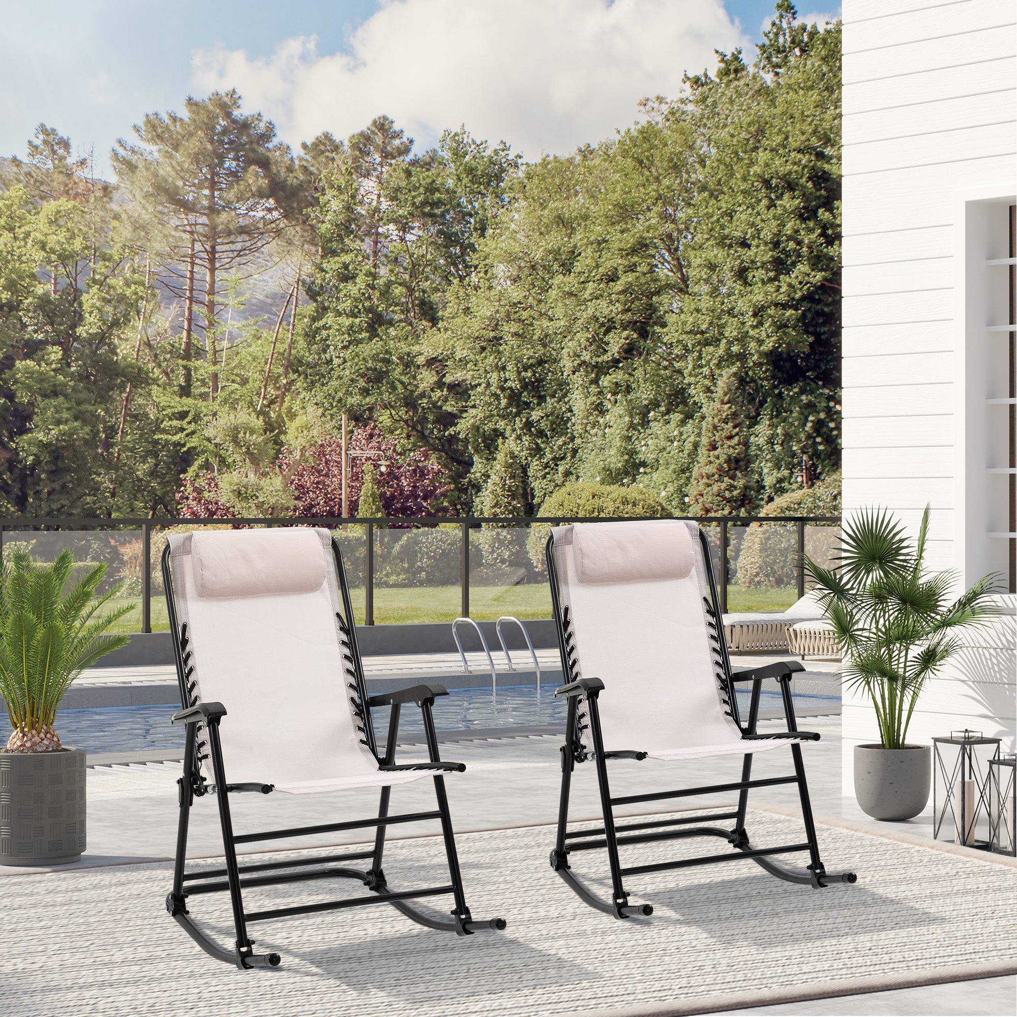 Outsunny Mesh Outdoor Patio 2 Steel Folding Rocking Chair Set Porch Lawn Furniture White, Off-White, Black, Multi-color