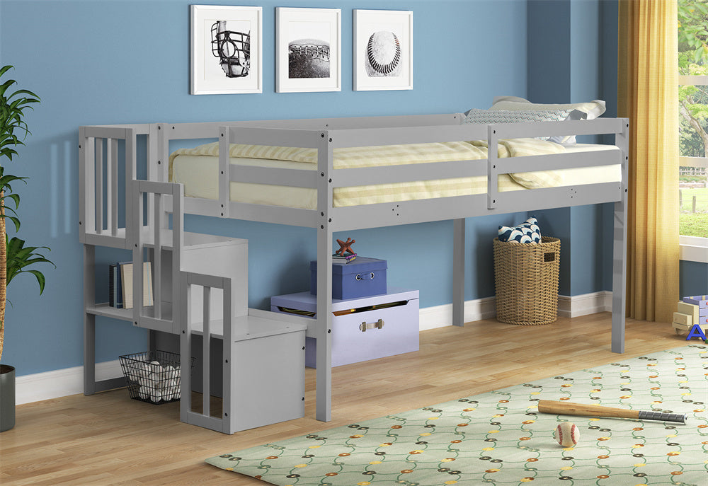 Twin Loft Bed with Stairs and Storage, Wood Loft Bed for Kids/Teens/Child's Room, 44.5 inches Tall, No Box Spring Needed (Gray)