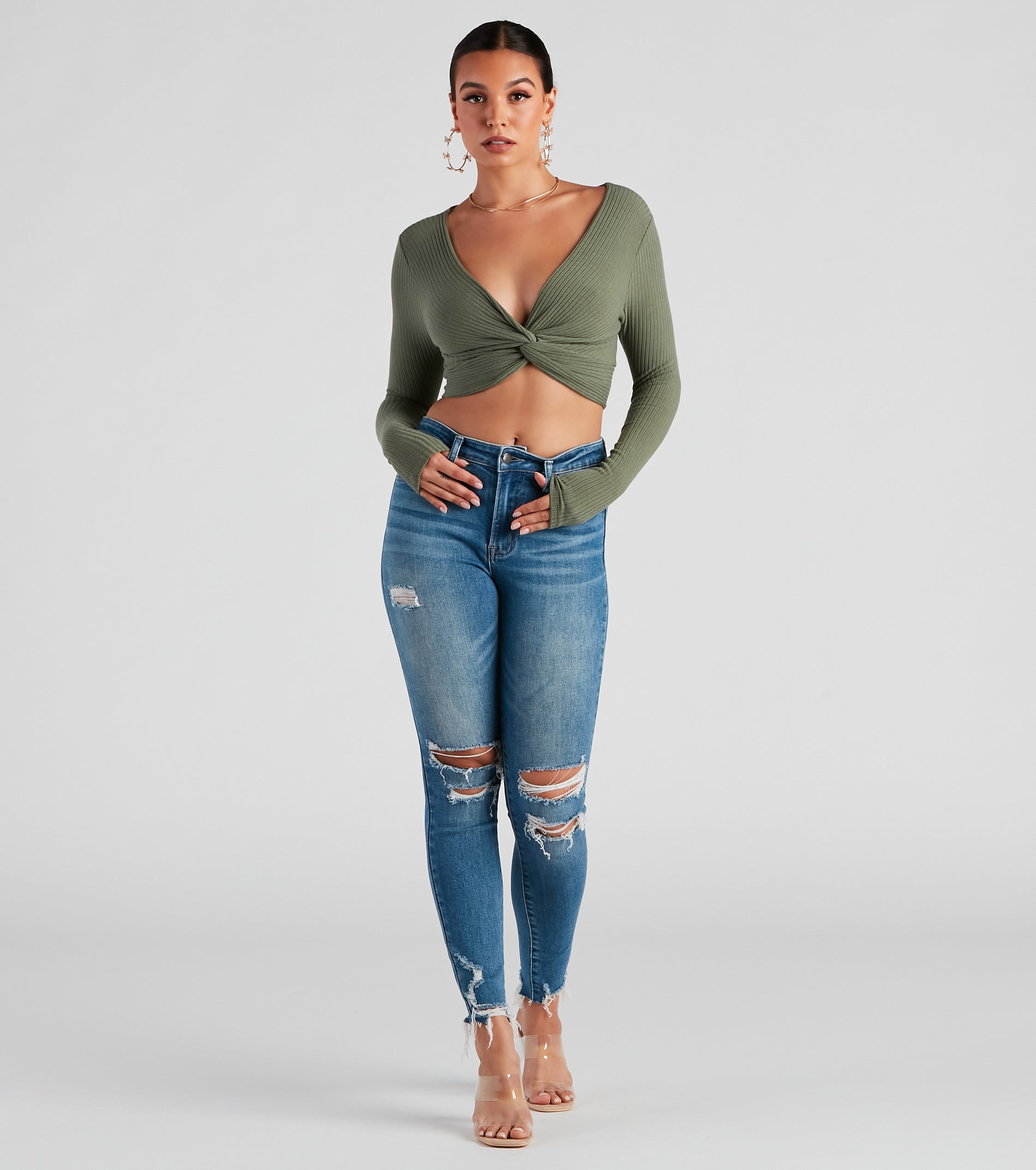 Trendy Twist-Front Ribbed Knit Crop Top