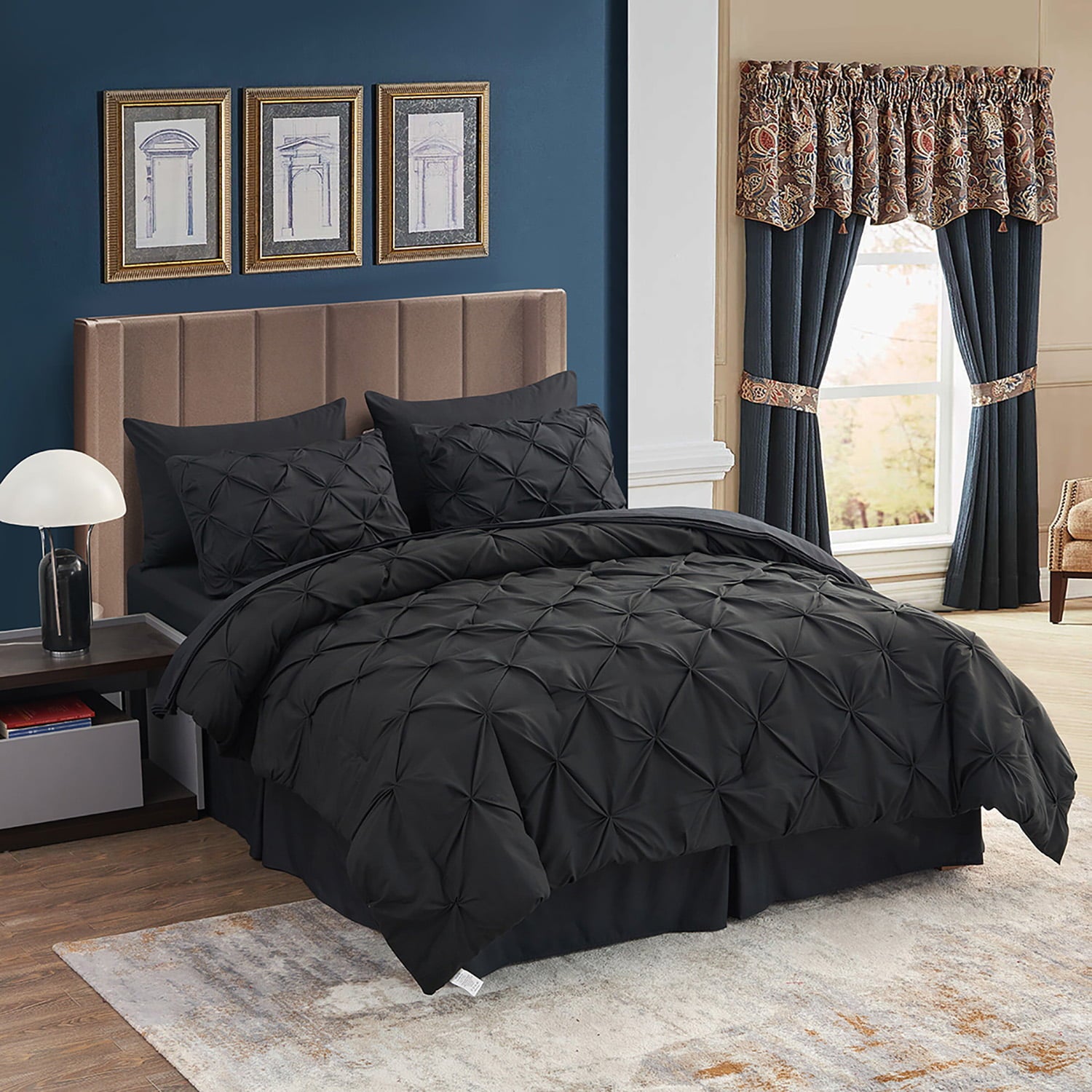 HAOK 8 Piece Pinch Pleated Pintuck Comforter Set - Bedding Bed In A Bag， Queen， Black