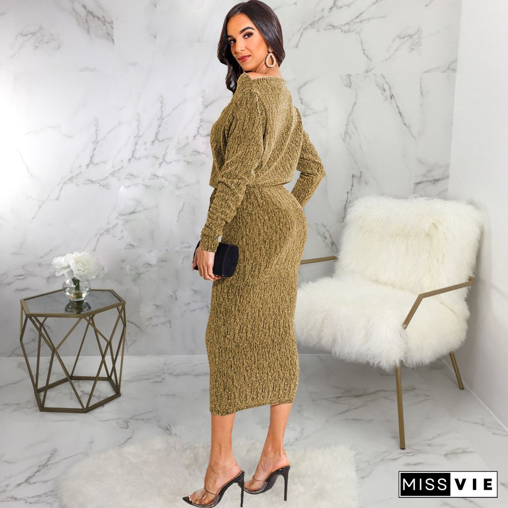 Shiny Robe Long Sleeve Wrap Lace-up Belt Maxi Dress