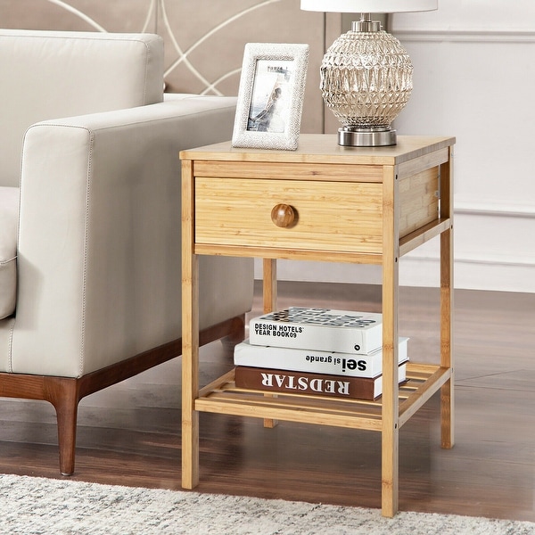 Gymax Bamboo Nightstand Natural Side End Table w/Drawer for Living