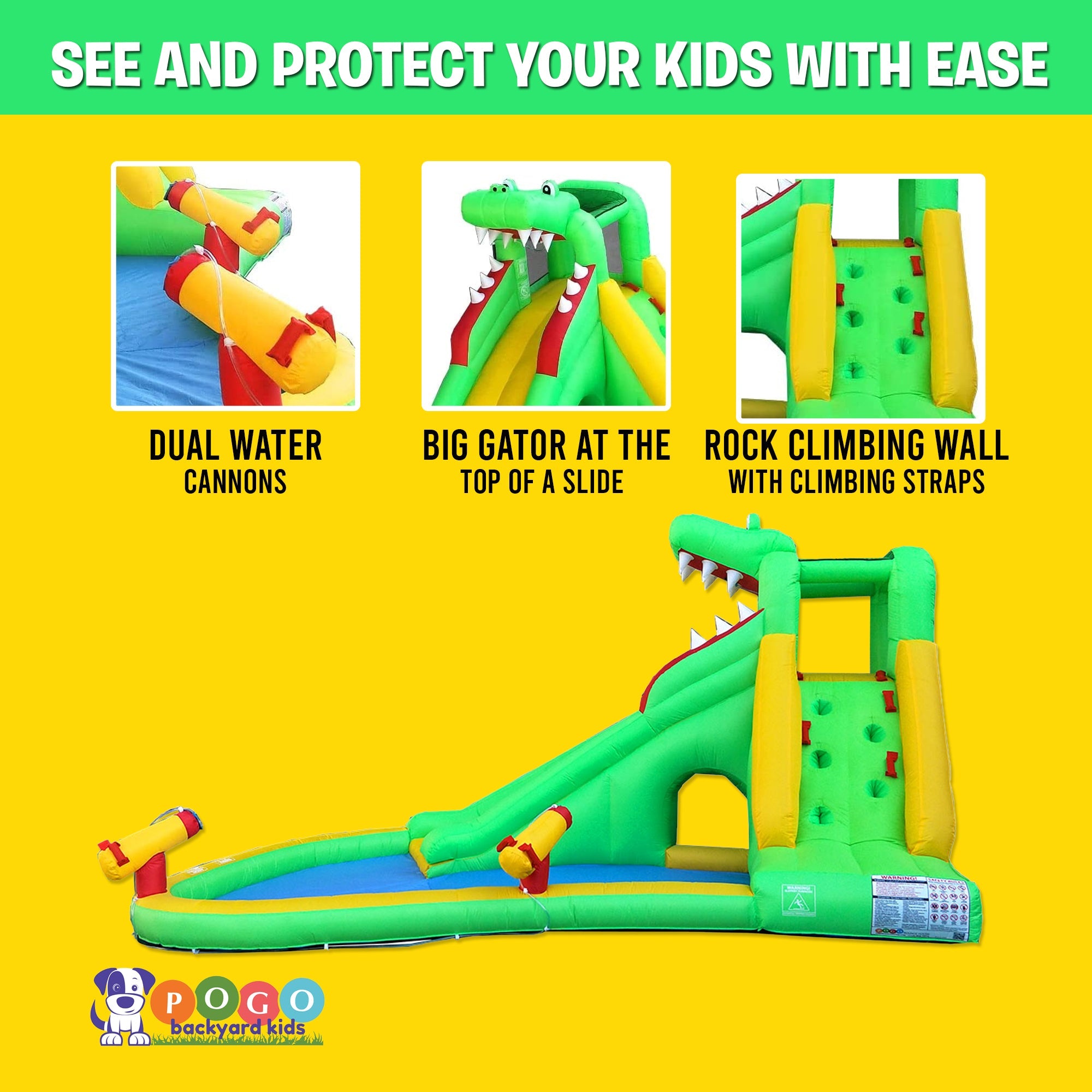 Pogo Bounce House Backyard Kids Gator Inflatable Water Slide with splash Cannon and Pool