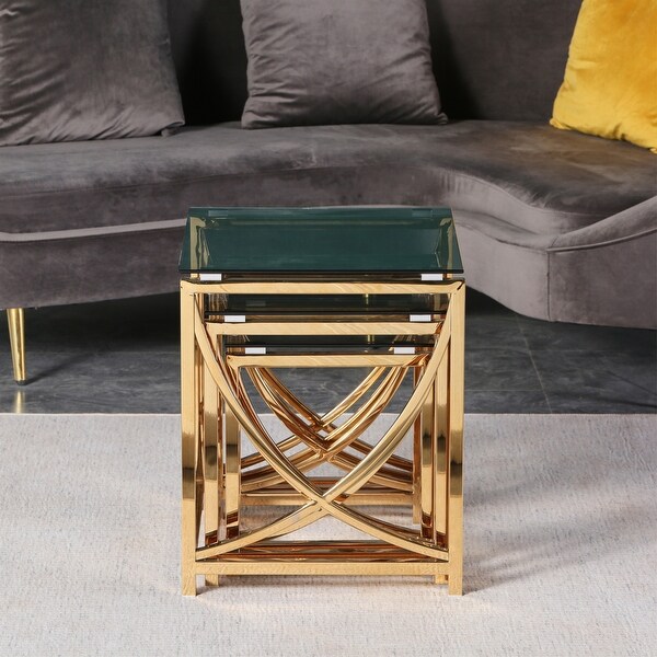 3 Pieces Gold Square Nesting Glass End Tables