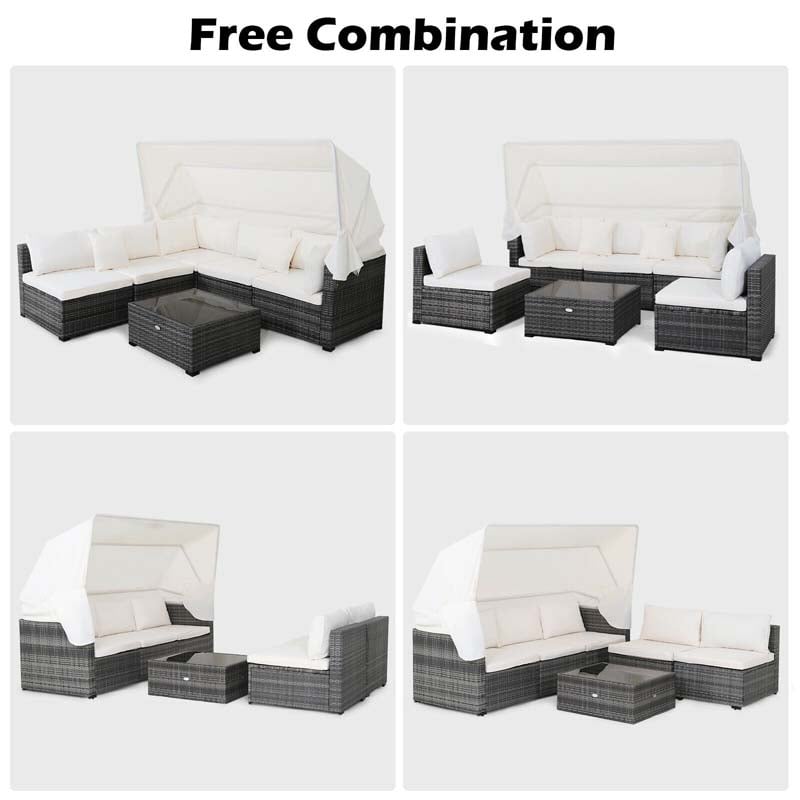 6 Pcs Rattan Patio Sectional Furniture Set Outdoor Safa Couch Set with Retractable Canopy & Cushions