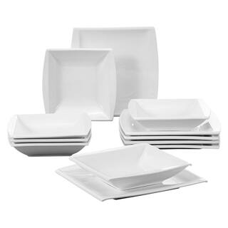 MALACASA 12-Piece White Porcelain Dinnerware Set Square Dinner Plates Soup Plates(Service for 6) BLANCE-12