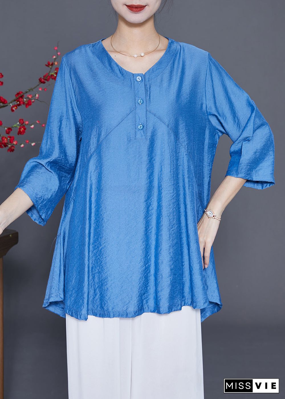 Blue Patchwork Silk Blouse Top Oversized Bracelet Sleeve