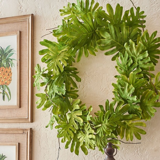 Green And Brown Philodendron Leaves And Twigs Artificial Tropical Wreath